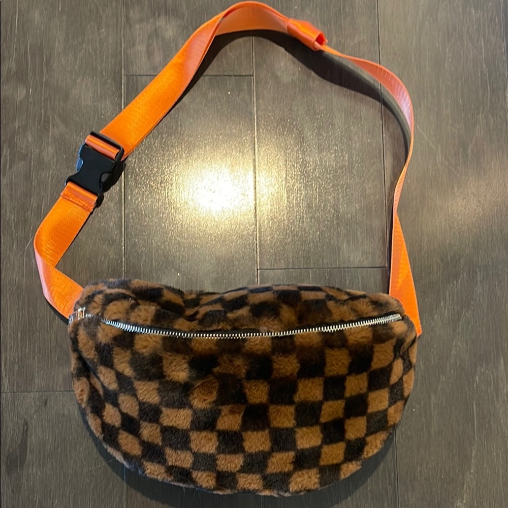 Checkered Faux Fur Belt Bag